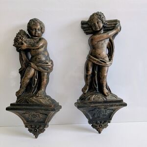 Vintage Pair Cherub Wall Plaques 1969 Dart Industries Copper Bronze Finish Boys